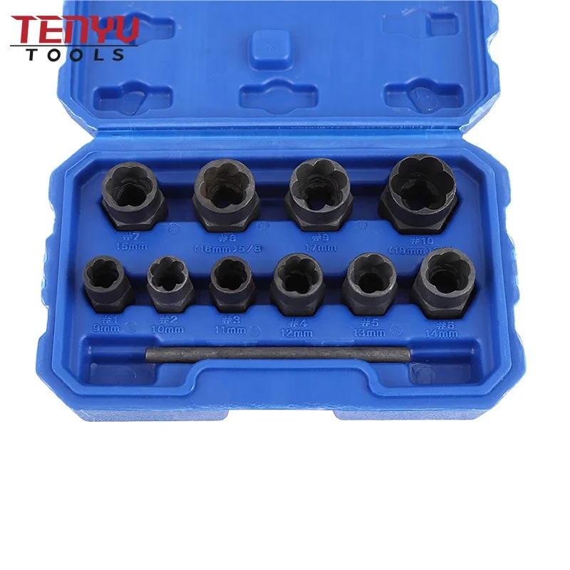 11pcs Twist Socket Set 9-19mm Damaged Screw Nut Extractor Tool with a Punch Rod Set