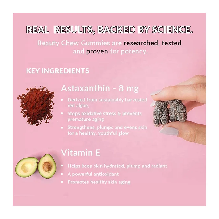 Astaxanthin Gummies with Vitamin E Beauty Skin Chews for Children Encapsulated as Gummy Candy Pills
