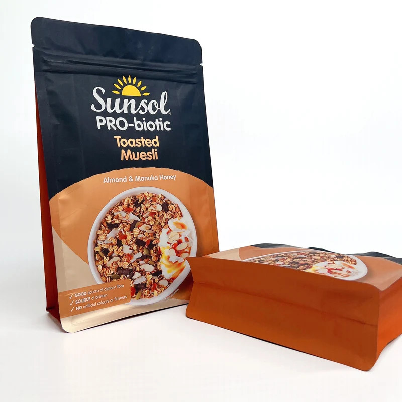 Custom Printed Eight Side Sealed Bag For Oat Ceareal Muesli Crunchy Snacks Packaging Bags