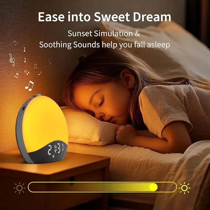 Sunrise Alarm Clock Upgraded Backlit Buttons 26 Soothing Sounds White Noise Machine Night Light, Bluetooth Speaker Wake Up Light