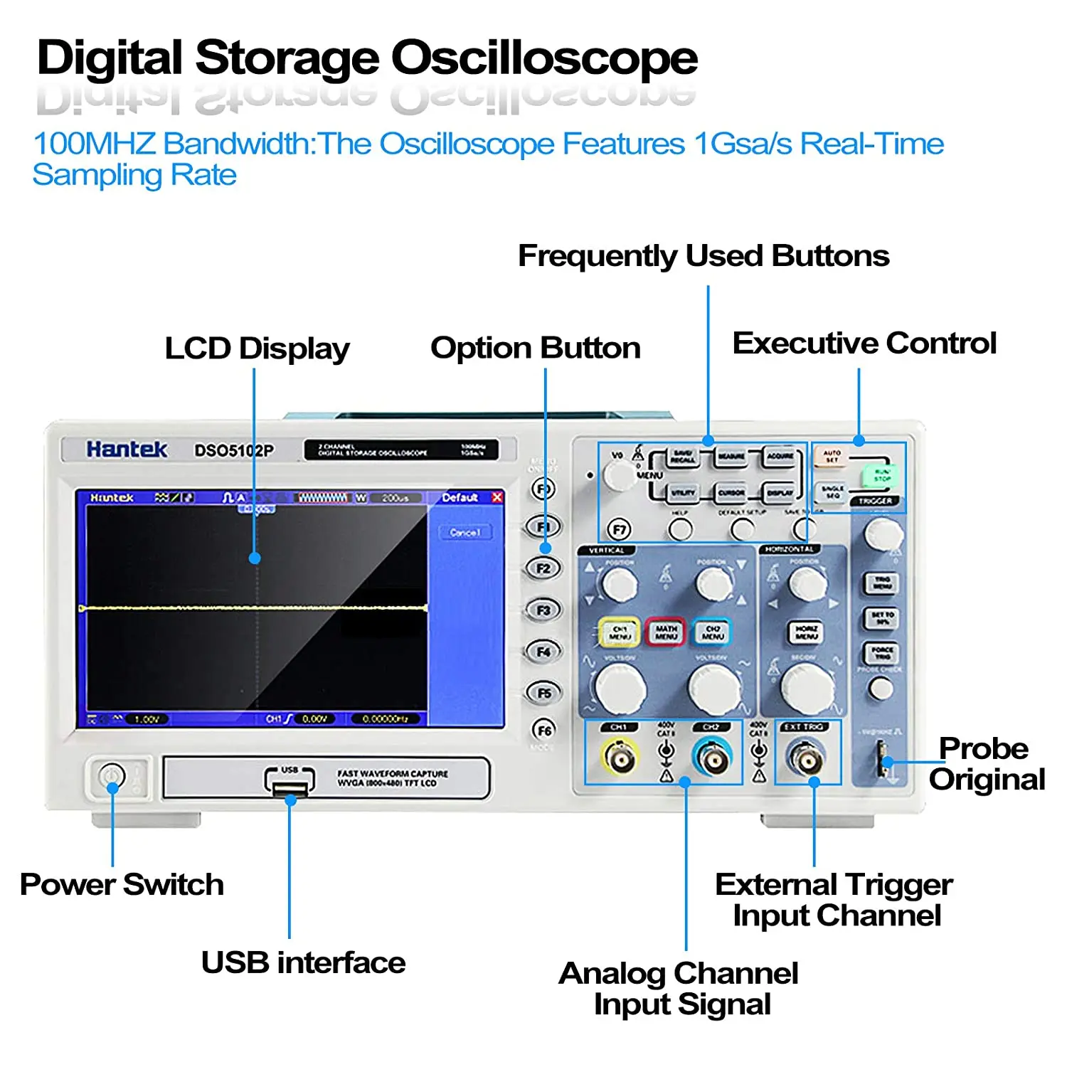 Hantek Dso5102p Digital Storage Oscilloscope 100mhz 2 Channels Bench Usb Oscilloscope