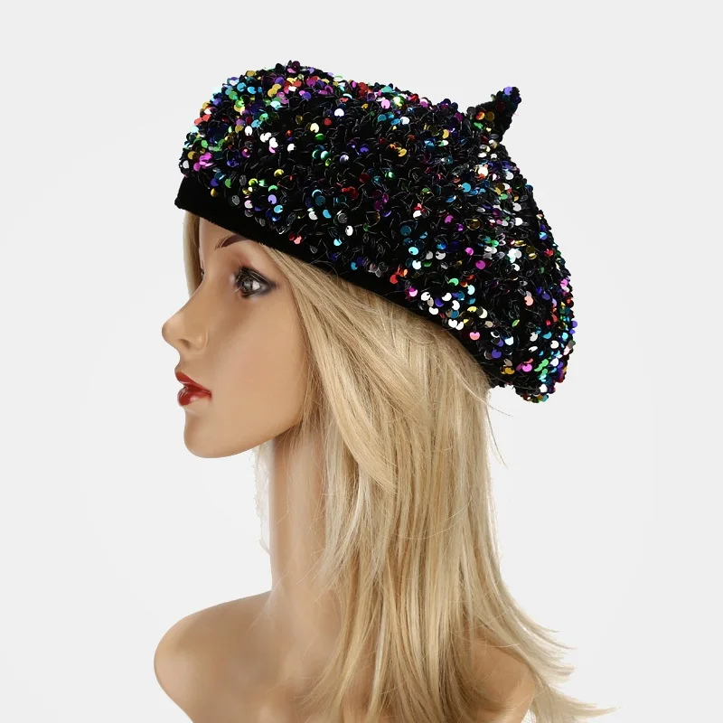 Women Beret Hat Glitter Sequins French Style Beanie Cap Adjustable Fashion Shimmer Hat for Girls Ladies