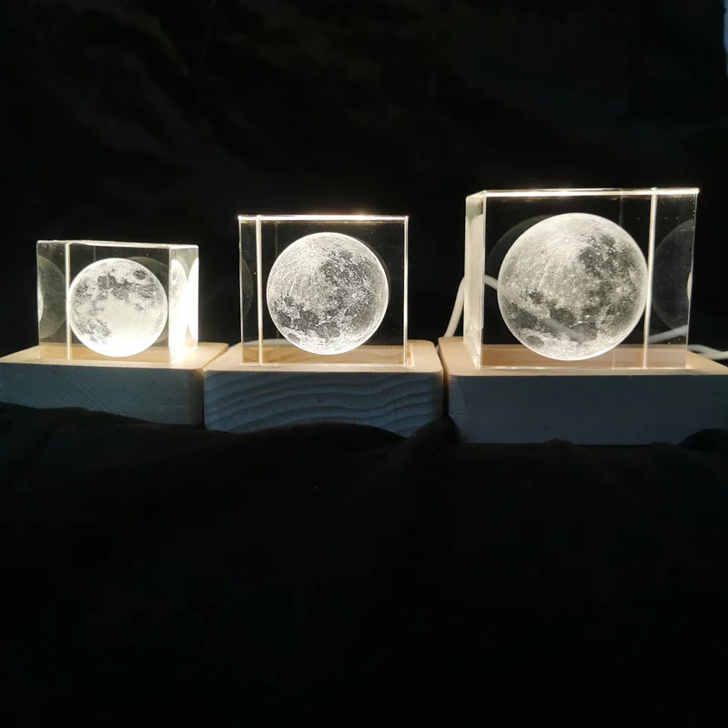 Ramadan moon 3d carved crystal square nightlight solid wood base company commercial led light luminous crystal led light