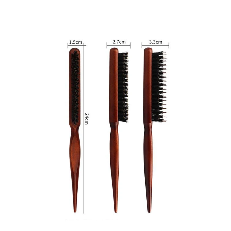Custom Logo Wood Handle Teasing Hair Brush Salon Hairstyling Comb 3 Rows Nylon Bristles Teasing Hair Brush