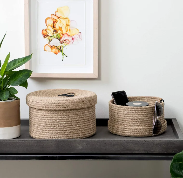 Small  Cotton Rope Storage Basket Set for Home  Baskets with Lids  Set of 2 Decorative Baskets for Shelves and Coffee Table