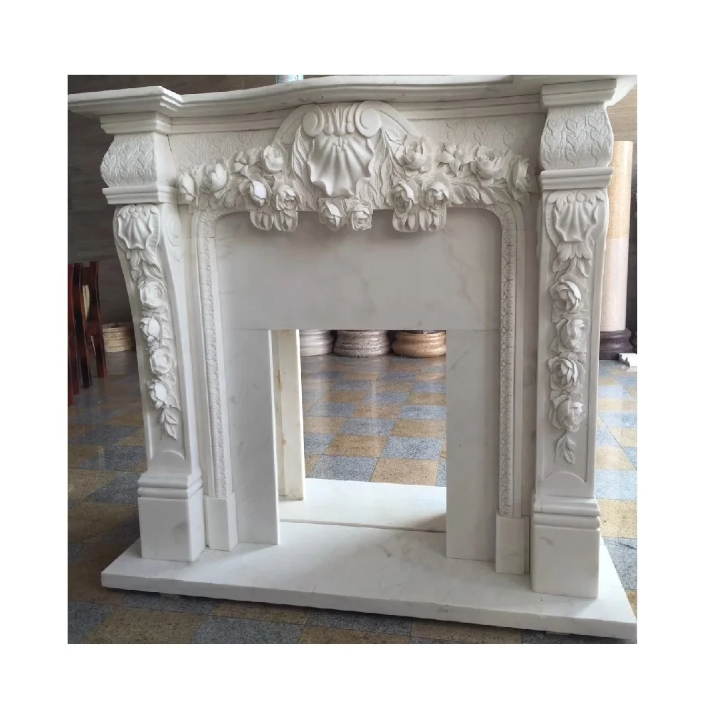China white marble fireplace with flower carving on the stone