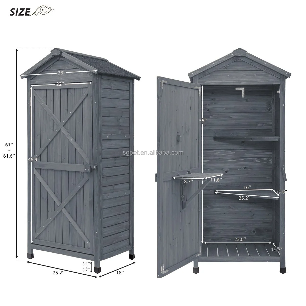 Outdoor Garden Wood Lean-to Storage Shed, Tool Organizer with Waterproof Asphalt Roof, Lockable Doors
