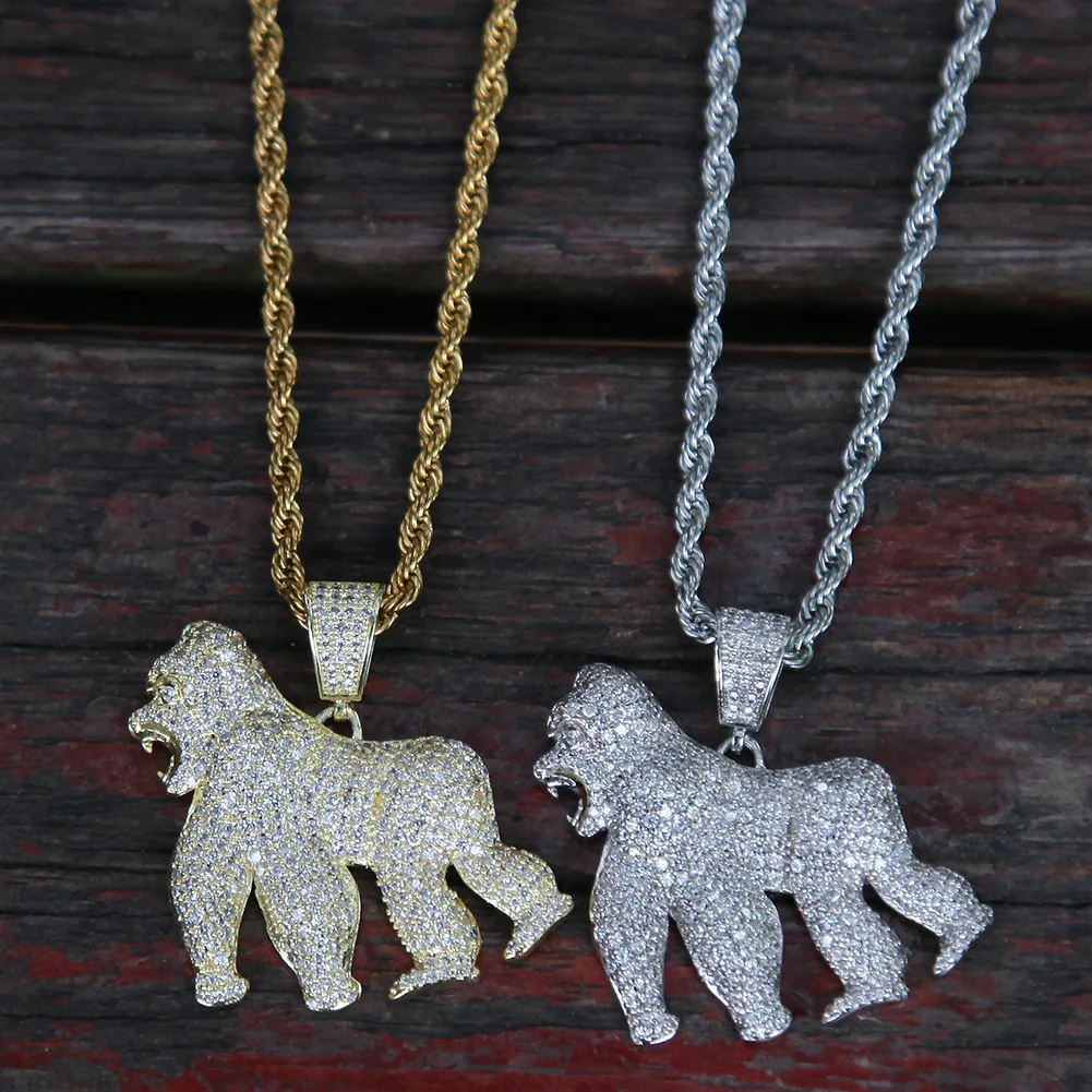 Hiphop Shinning Animal Jewelry Iced 5A Zircon Diamonds Gorilla Necklace