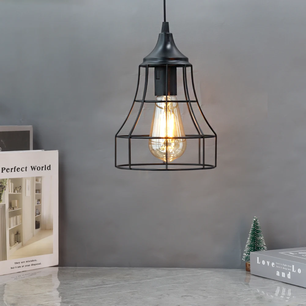 Hanging Lamp Black Battery Powered Decorative Pendant Lamp Metal Cage Battery Lamp with 6 Hours Timer for Bar Bedroom