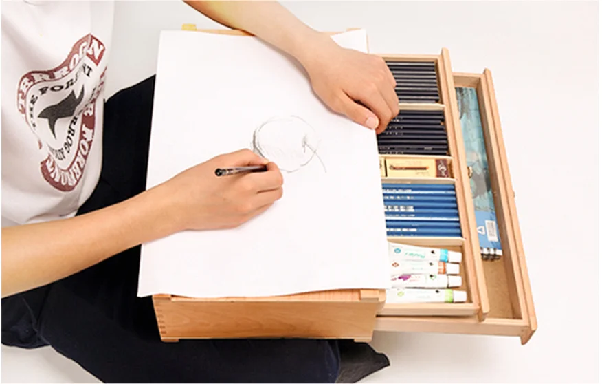 4 Drawer Wooden Artist Storage Supply Box for Pastels, Pencils, Pens, Markers, Brushes and Tools