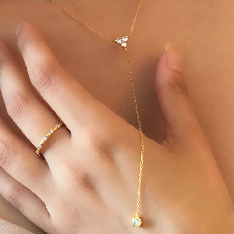 Fashion women 18K gold plated white cz diamond silver lariat necklace