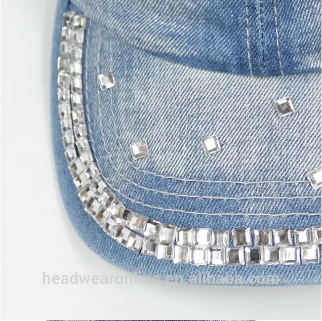 Fashion Custom Bling Rhinestone Washed Denim Baseball Cap 6 Panel Women Curved Brim Fitted Hat