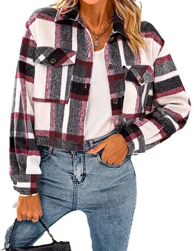 Loveda Wholesale Winter Outdoor Button up Cropped Plaid Shacket Long Sleeve Fleece Jackets Women Teddy Coat