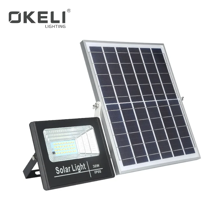 OKELI wholesale price ip66 outdoor waterproof 30w 60w 100w 200w battery powered portable led solar flood light