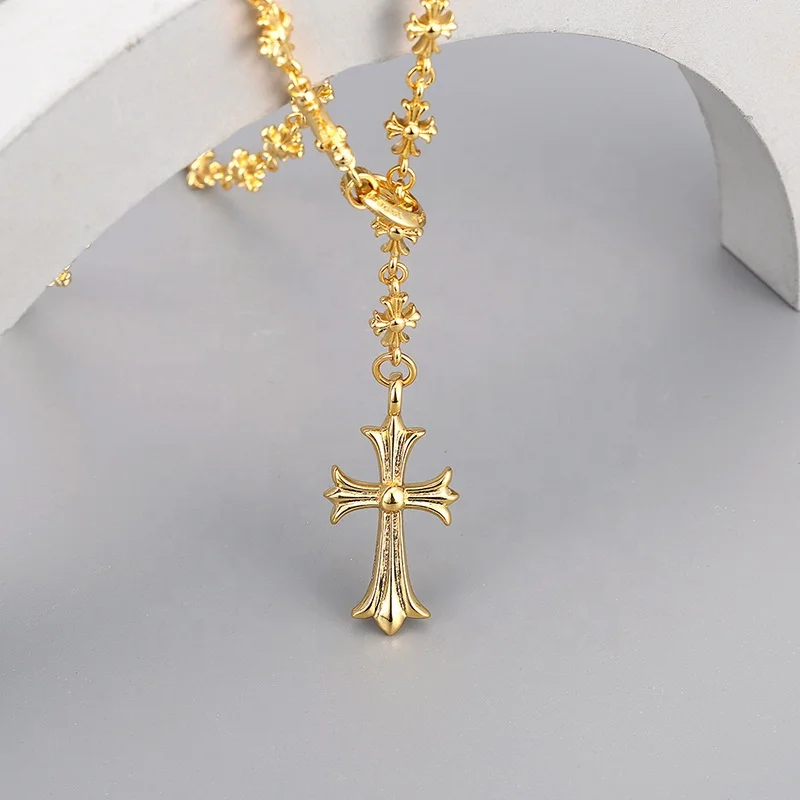 Vintage Punk Adjustable Push-Pull Gold Silver Plated Gothic Brass Cross Pendant Necklace for Men and Women