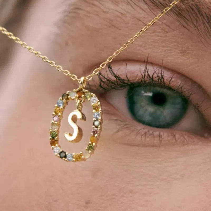Trendy Gemstone Alphabet Necklaces 925 Sterling Silver Initial Letter Gold Plated Colorful Zircon Pendant Necklaces Wholesale