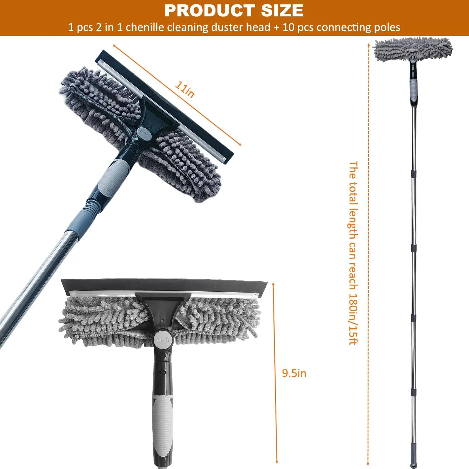 2 In 1 Rotatable Splice Extension Pole Scraper Window Cleaning Tool For Indoor Outdoor Window Car Glass Cleaning