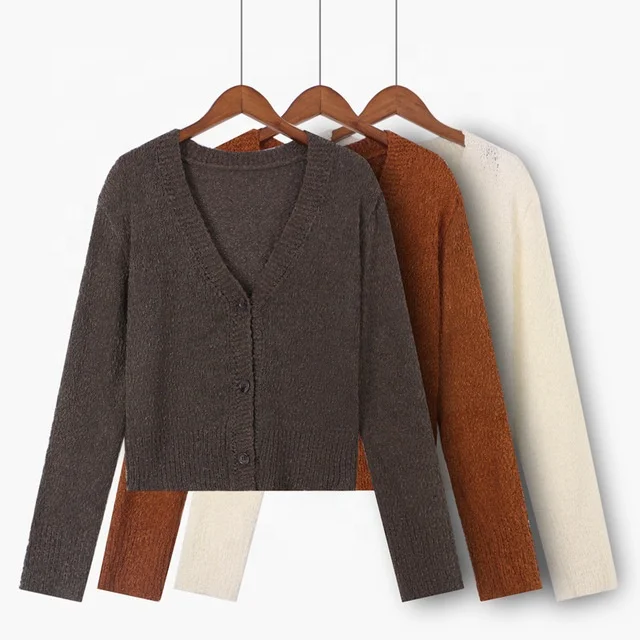 Autumn and winter 2021 new temperament simple solid color loose V-Neck long sleeve cardigan jacket women  knitted sweater