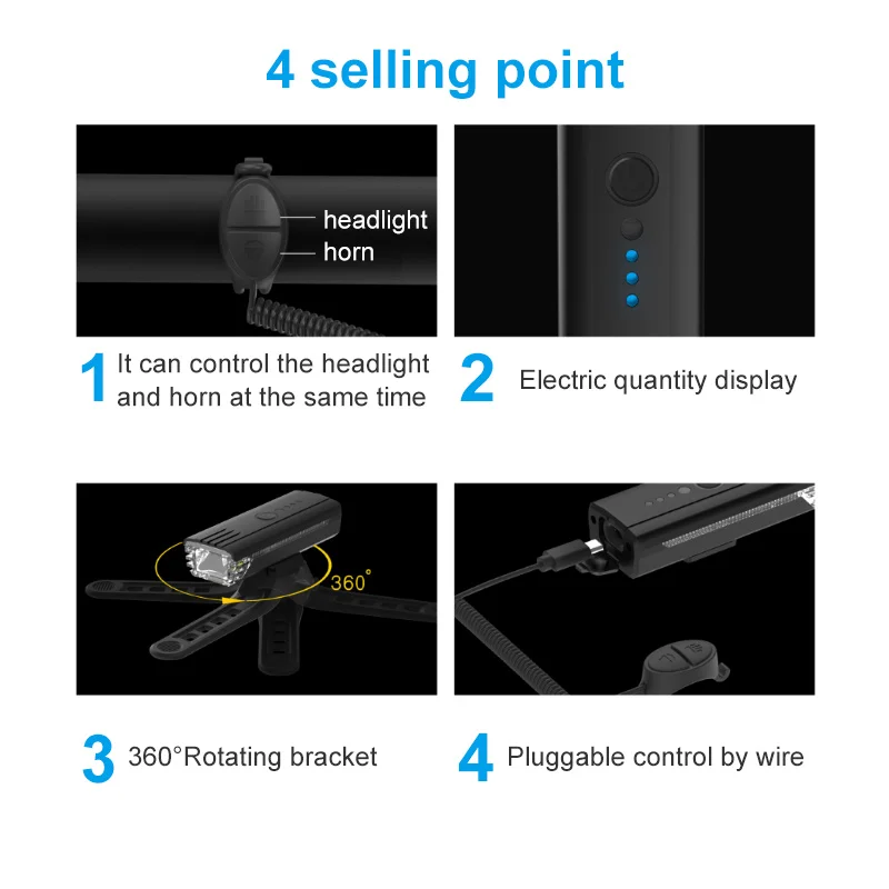 2022 High power 1000lumen USB Rechargeable Waterproof Aluminum Material 4 LED MODES bicycle lights with horn