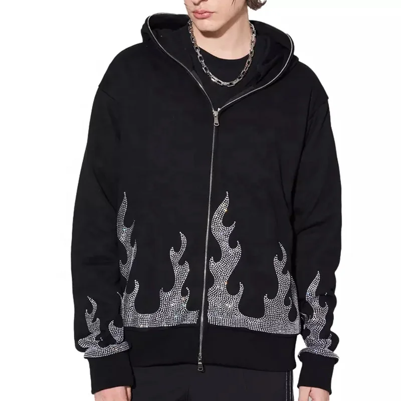 Heavyweight Cotton Hot Fix Rhinestone Zip up Hoodies Custom Rhinestone Full zip up Hoodie Men Rhinestone Hoodie Customisable
