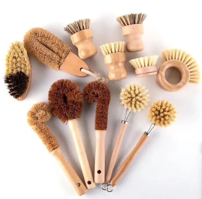 Eco Friendly Long Handle Kitchen Pan Pot Bamboo Cleaning Brush With Replaceable Head