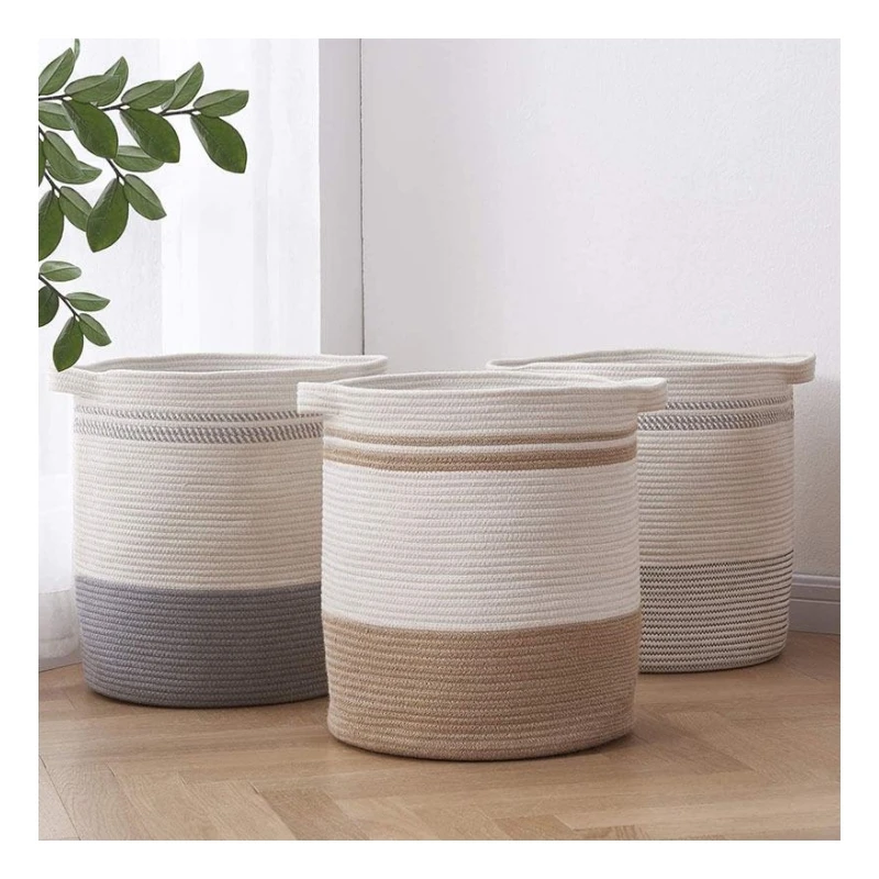 Custom Folding Cotton Rope Laundry Basket Organizer Woven Storage Basket for Blankets Toys Snacks with Handle