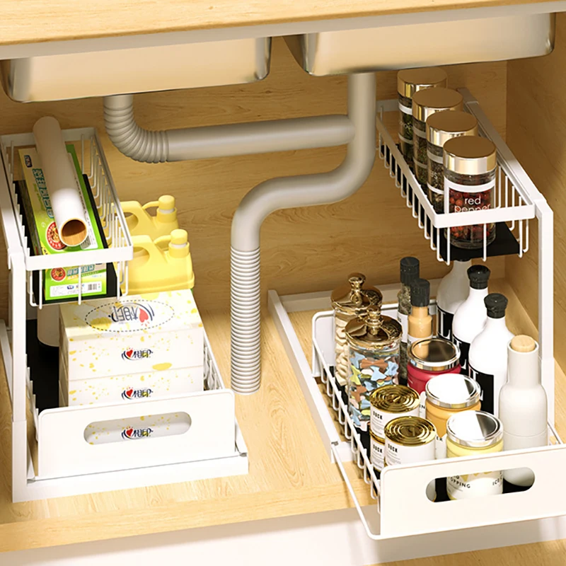 under the sink organizer shelf 2 tier metal expandable sliding kitchen bathroom cabinet drawer basket pull out storage rack