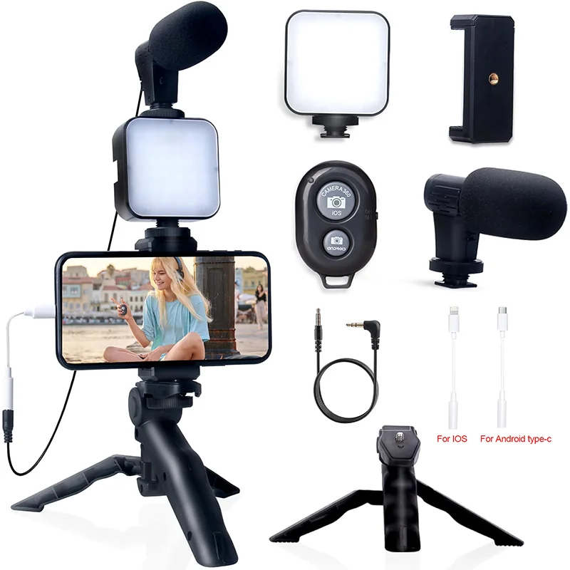 AY-49 Portable Podcast Video Vlogging Making Equipment Universal Kit Tripod Stand For Iphone Phone With Light Mic And Microphone