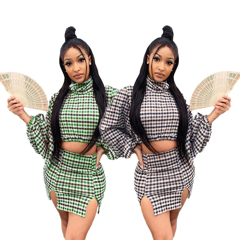 2021 Hot Sale Fall Winter Dresses Sets 2 Piece Set Womens Sexy Knitted Hip Wrap Outfits Elegant Plaid Skirt Suit Set