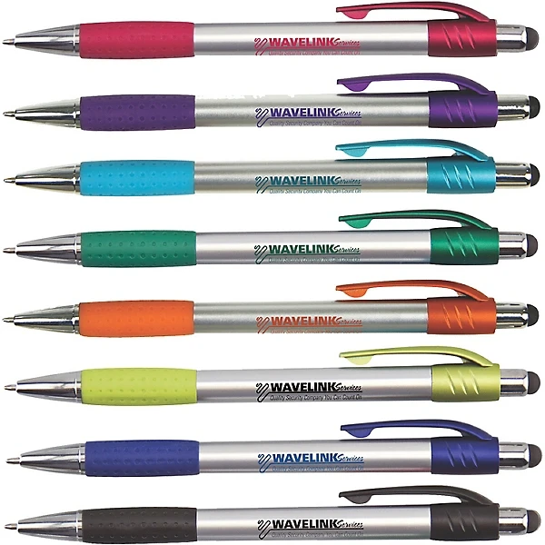 customized silver plastic promotional rubber grip stylus touch screen ball pens with personalized company name logo imprinted