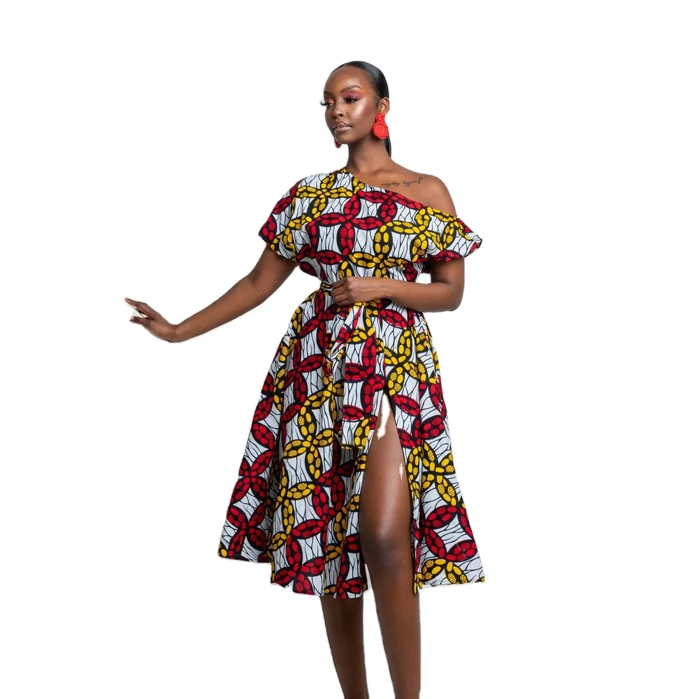 Spring Fashion Customize Africa Women Clothing Ankara One Shoulder Short Sleeve Midi Dress