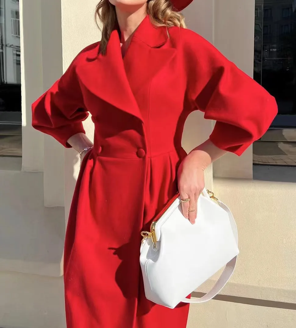 Autumn Winter New Woolen Coat Women Vintage Court Style Lantern Sleeve Overcoat Female Lapel Long Overcoat