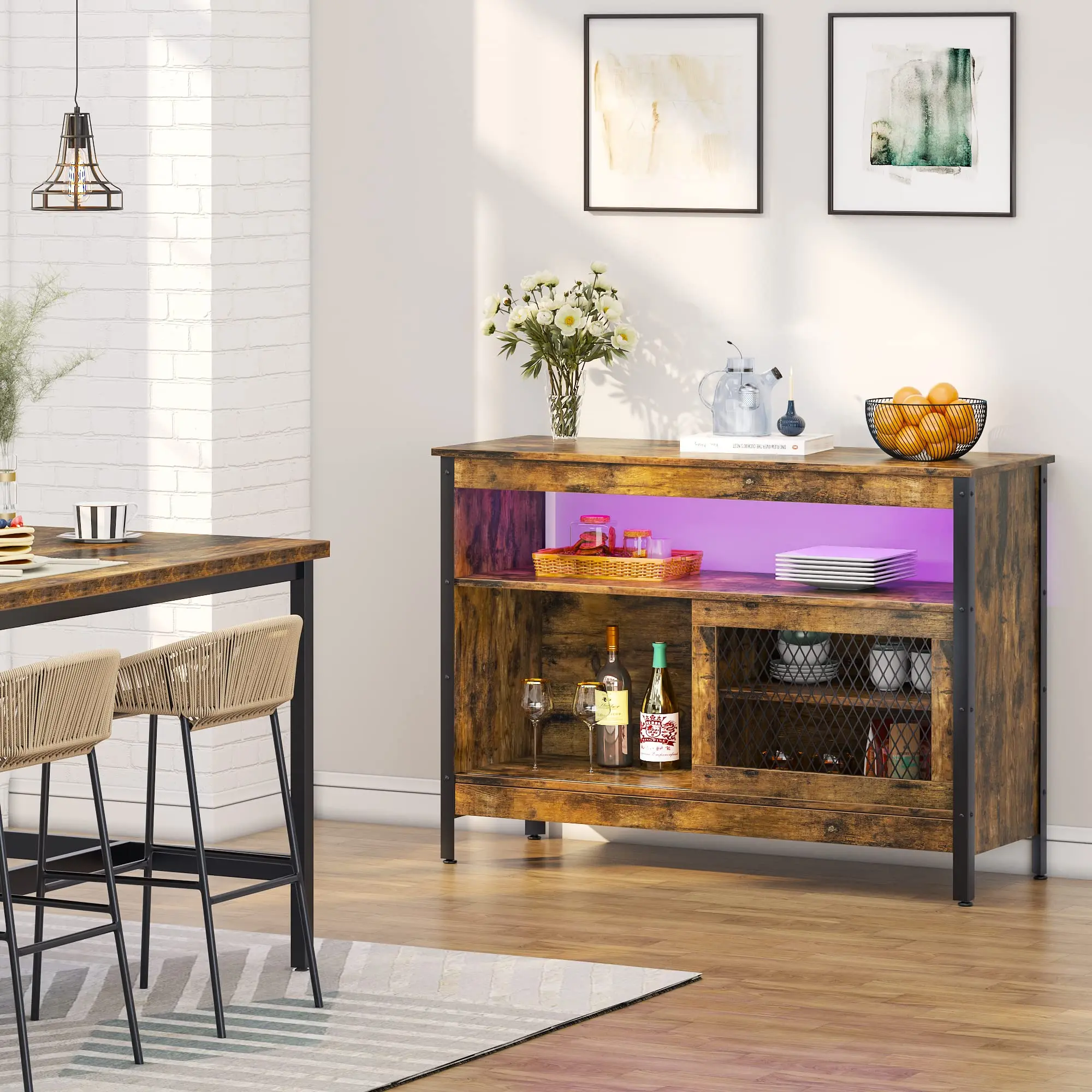 Farmhouse Buffet Cabinet Coffee bar with LED Decor Coffee Bar Table with Adjustable Shelves Storage Cabinet