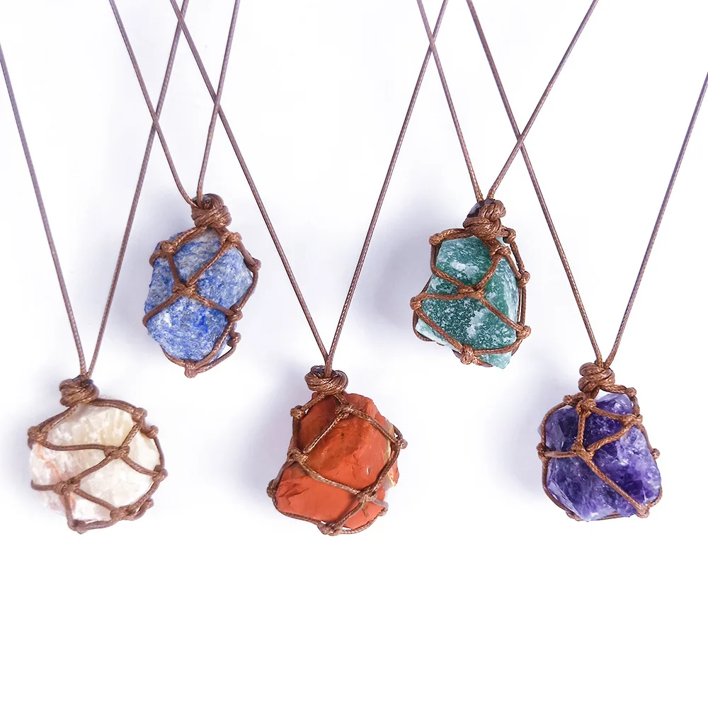 Natural hand woven raw stone crystal gem net pocket large pendant energy gem necklace