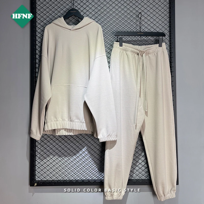 Heavyweight Pullover waffle tracksuit for men blank cotton 2 pieces sweatpants and hoodies set