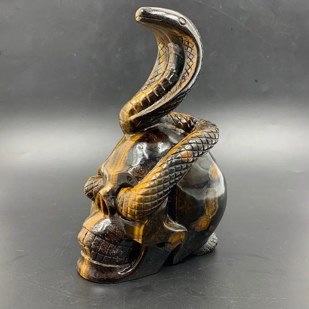 Wholesale Natural Tiger Eye And Snake Folk Crafts Hand Carved Crystals Healing Skulls For Home Decoration
