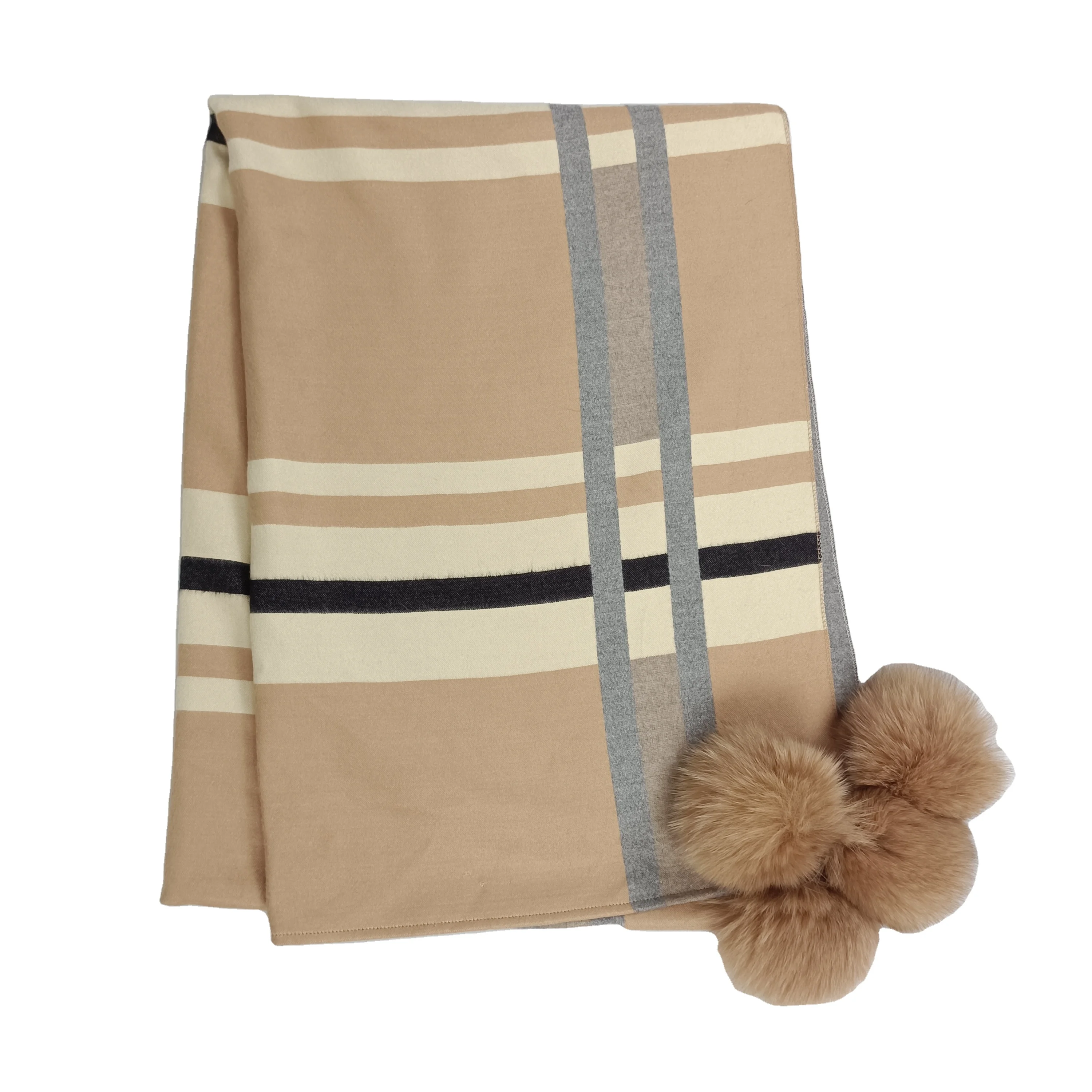 New Arrival Hot Sale Winter Warm Long Scarf Pashmina check Plaid Cashmere Scarf With 100% fox Fur Ball Women