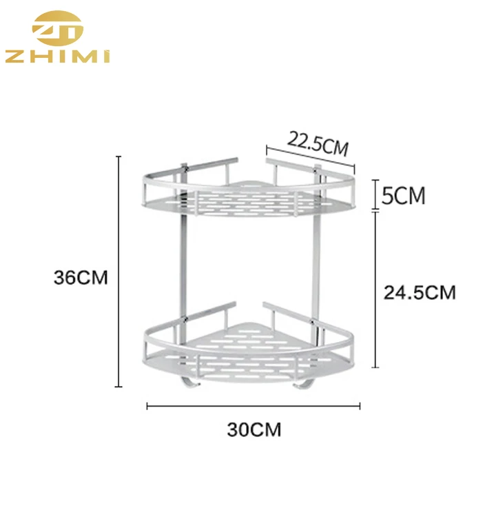 Houseware Aluminium Alloy Adhesive Wall Mounted Type Bathroom Storage Rack 2-tier Shower Caddy Corner Shelf Basket