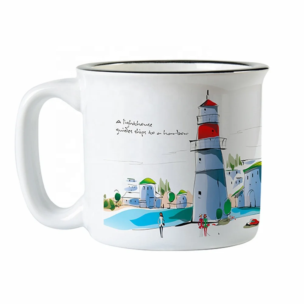 Mugfavor / 400ml Campfire Enamel Coffee Mugs White Ceramic Enamel Mugs Personalized Sublimation 13 Oz with Black Rim MEN13C-B