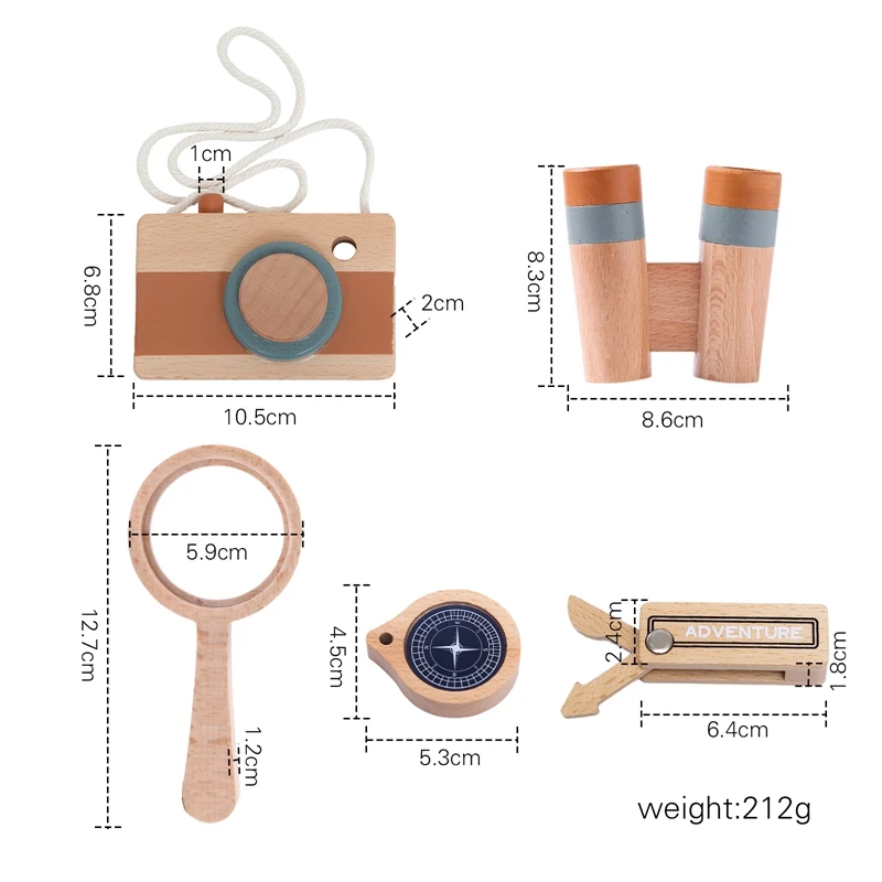 5pcs Outdoor Adventure Set DIY Science Engineering Wooden Toys Including Camera Magnifying Glass Telescope Compass Wooden Knife