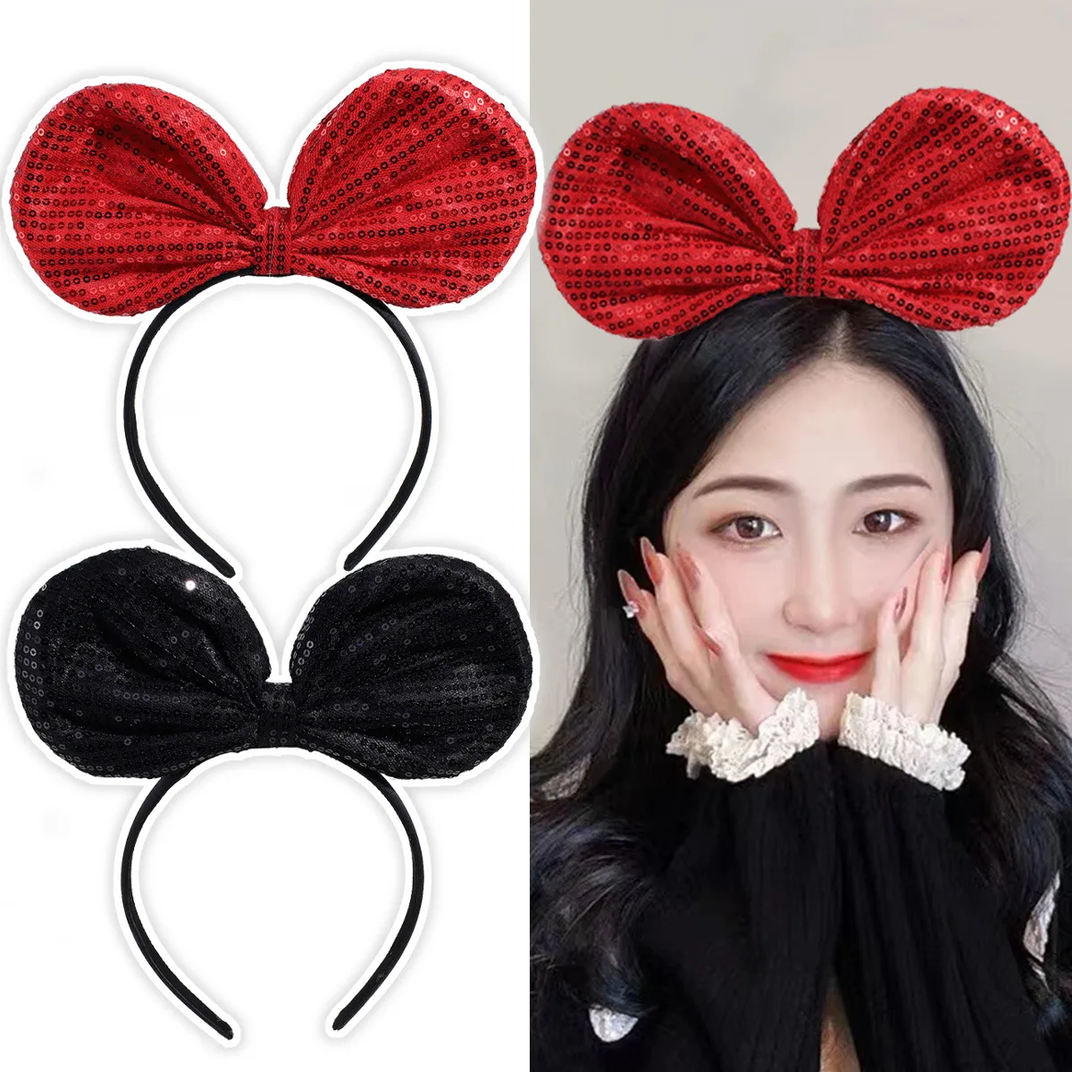 Full sequins cute mouse headband sequined bow hair accessories children lovely cartoon mouse ears hair band for girls