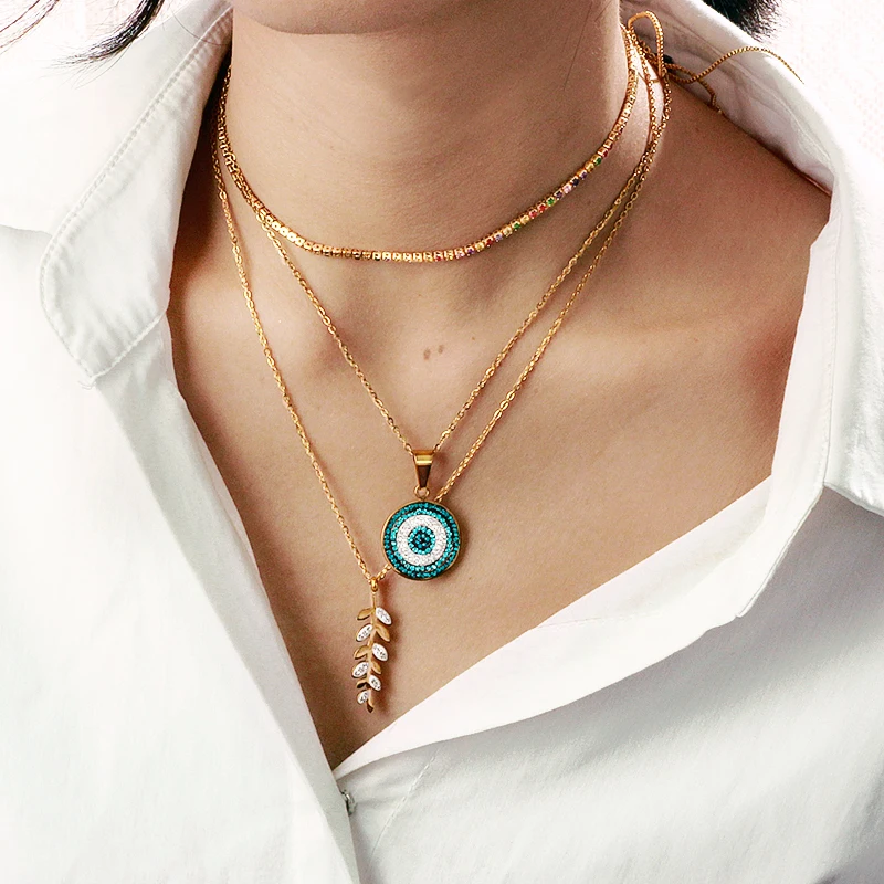 
BAOYAN Stainless Steel Jewelry Necklace Blue Rhinestone Evil Eye Necklace 