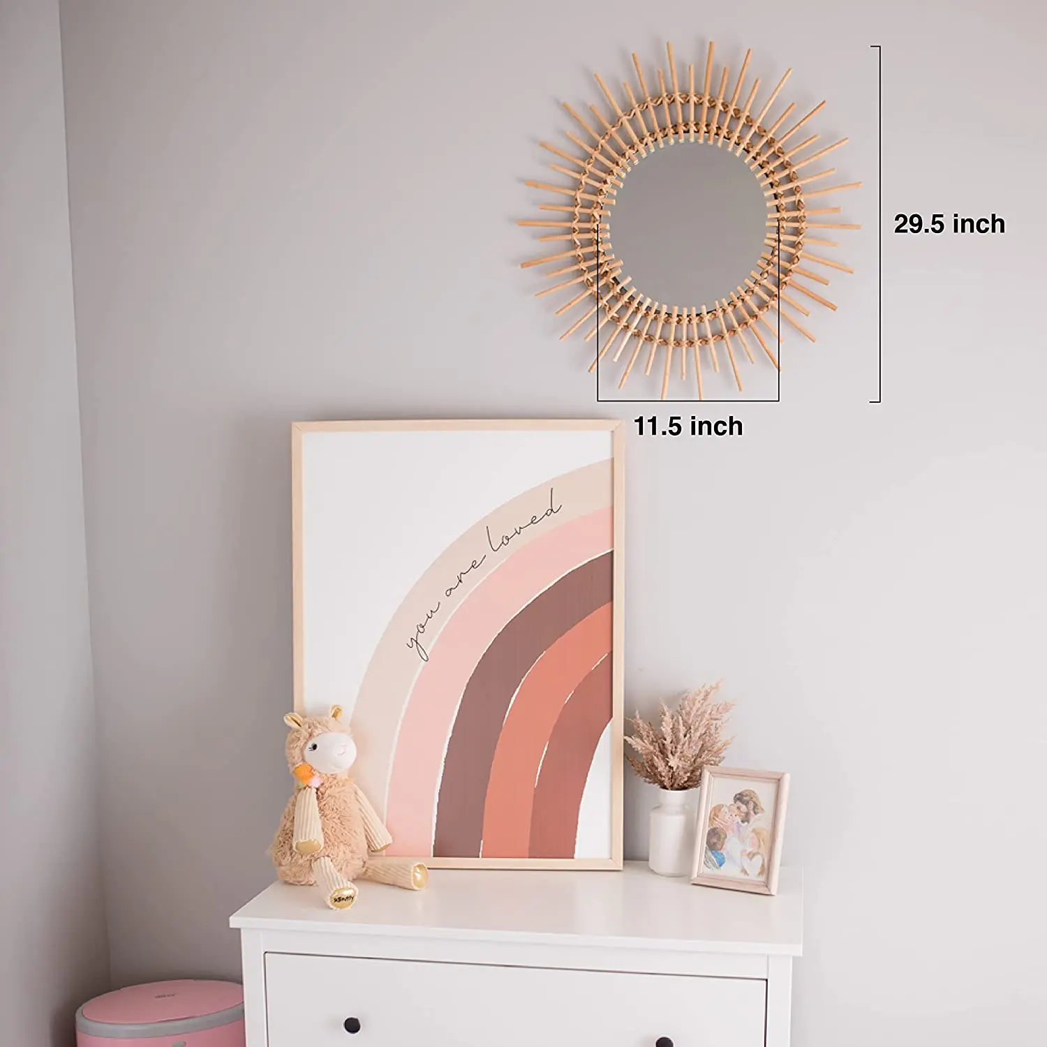 Rattan Materials Mirror Boho style Round Hanging Wall Mirror Rustic Wooden Frame Circle Mirror for Farmhouse