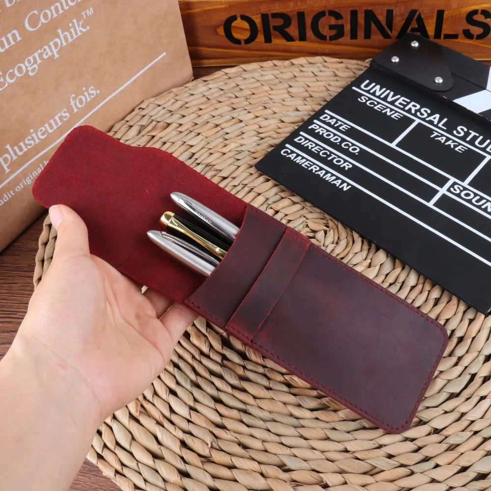 In Stock Hot Sell Leather Pencil Case Holder Handmade Fountain Multi Pens Pouch Crazy Horse Leather Pen Protective Sleeve Cover