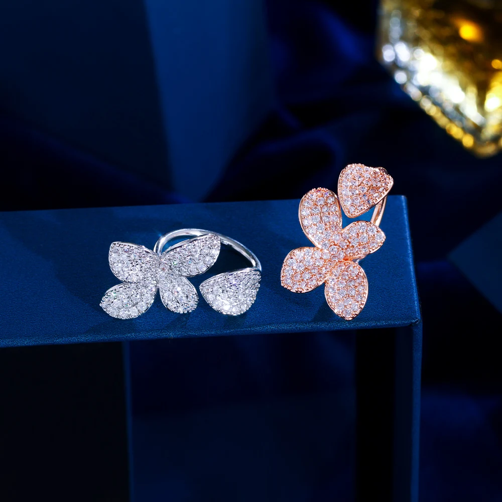 Adjustable Fashion Rose Gold Color Cubic Zirconia Flower Leaf Open Cuff Rings Women Korean Luxury Engagement Party Gift Jewelry