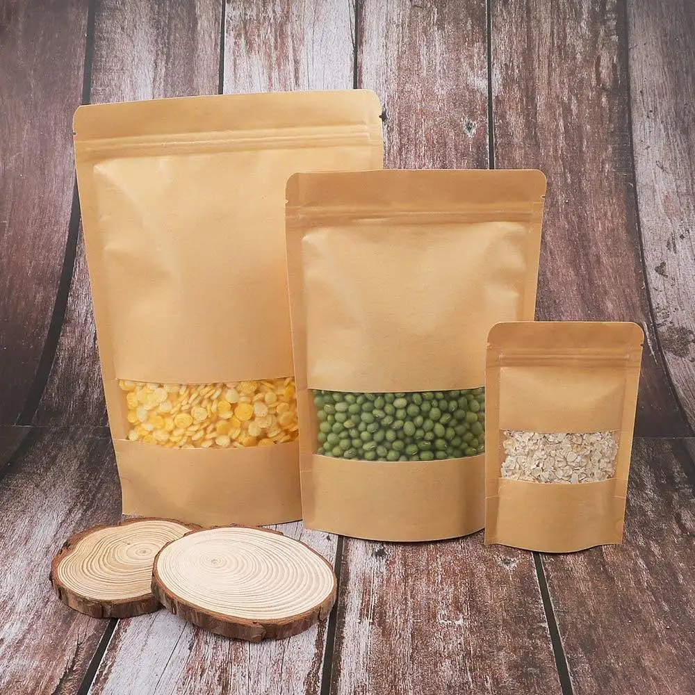 BD retail bags Biodegradable recycled customized stand up pouches dry food packaging brown kraft paper bags with window