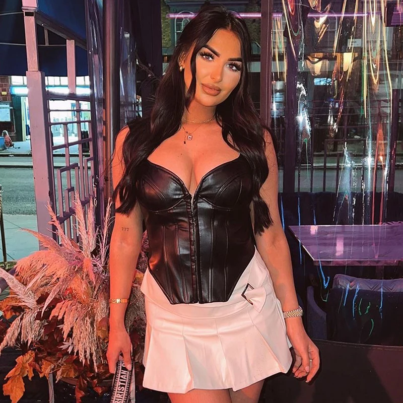 Vintage Women PU Leather Bodysuit Hook Closure Shaper Corset Top