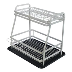 2-Tier Large Metal Kitchen Countertop Standing Dish Drying Rack Set with Removable Drainboard Cup Holder