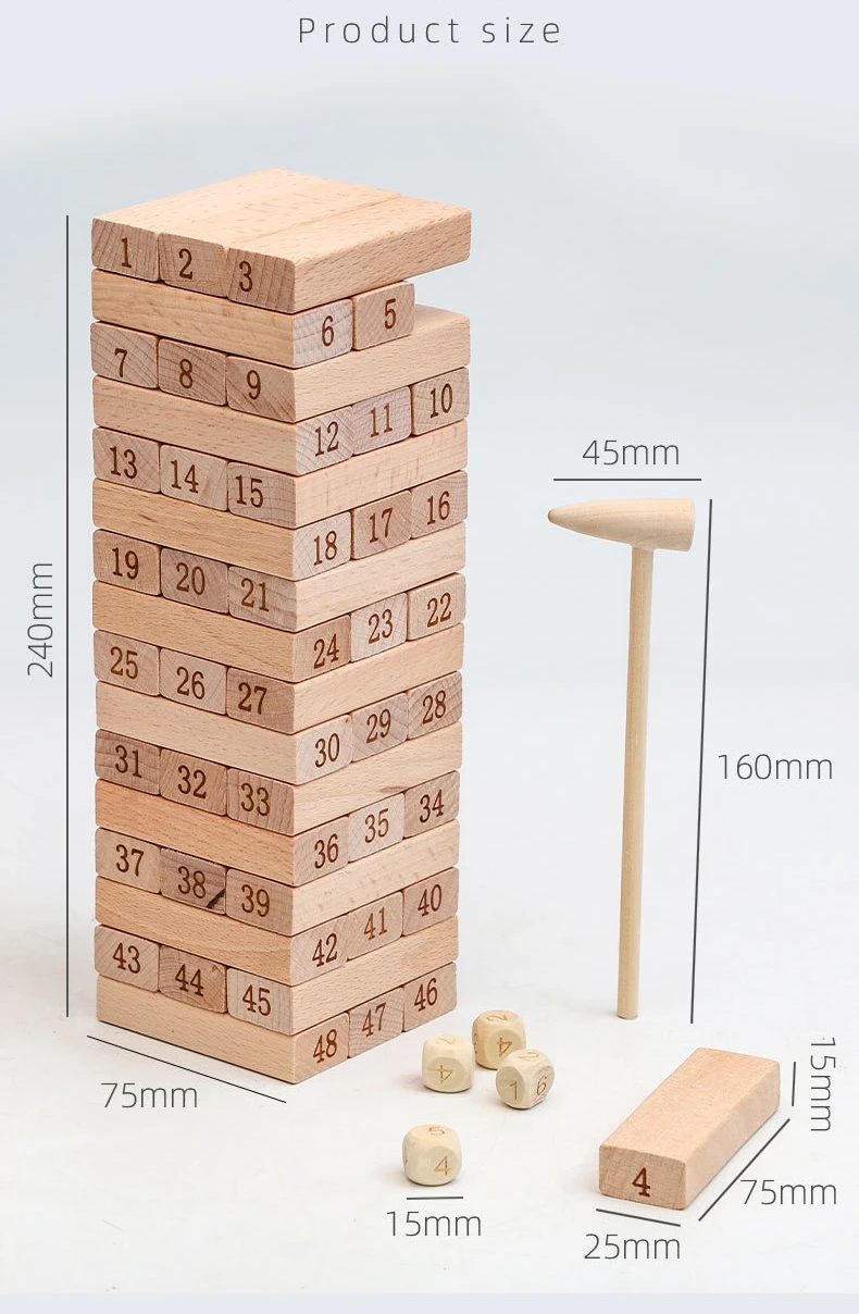 Classic family stacking game natural beech wood block tumble tower with number