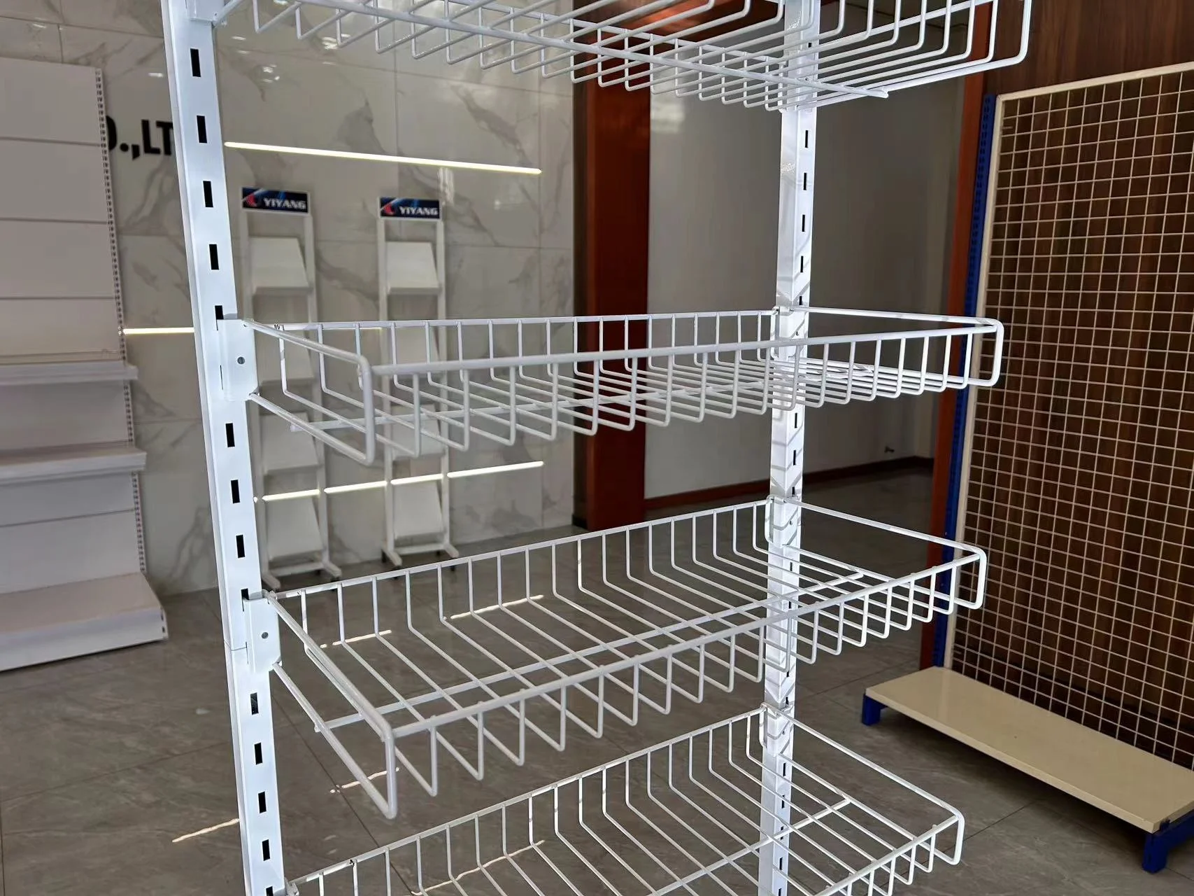 Supermarket metal display wire mesh basket stands metal shelf wire cage shelf